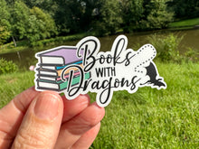 Load image into Gallery viewer, Sticker | 74A | Books with Dragons | Waterproof Vinyl Sticker | White | Clear | Permanent | Removable | Window Cling | Glitter | Holographic