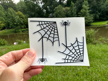 Load image into Gallery viewer, Sticker | 74E | Spider in Web Corner | Waterproof Vinyl Sticker | White | Clear | Permanent | Removable | Window Cling | Glitter | Holographic