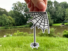 Load image into Gallery viewer, Sticker | 74E | Spider in Web Corner | Waterproof Vinyl Sticker | White | Clear | Permanent | Removable | Window Cling | Glitter | Holographic