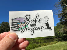 Load image into Gallery viewer, Sticker | 74A | Books with Dragons | Waterproof Vinyl Sticker | White | Clear | Permanent | Removable | Window Cling | Glitter | Holographic