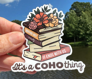 Sticker | 74H | COHO Book Stack | Waterproof Vinyl Sticker | White | Clear | Permanent | Removable | Window Cling | Glitter | Holographic