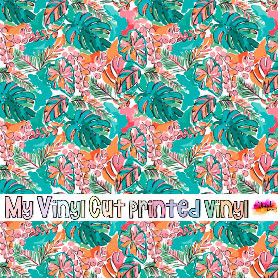 Printed Vinyl HTV & Waterslide Coral and Green Floral Pattern 12 x 12 inch sheet