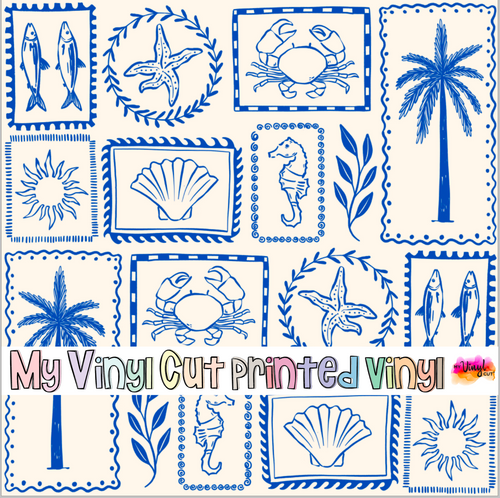 Printed Vinyl HTV & Waterslide Blue Hand Drawn Summer Patterns 12 x 12 inch sheet