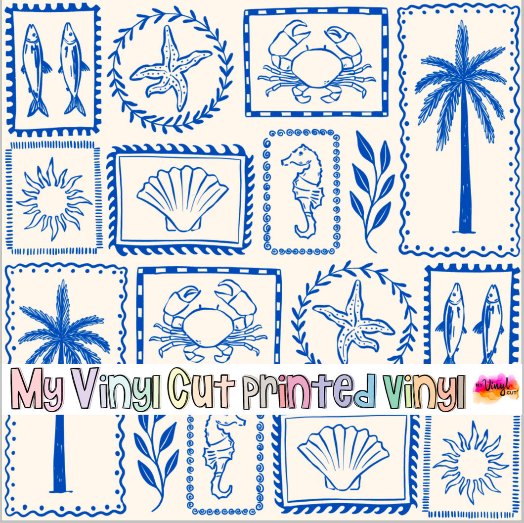 Printed Vinyl HTV & Waterslide Blue Hand Drawn Summer Patterns 12 x 12 inch sheet