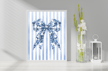 Load image into Gallery viewer, Poster | 16 x 20 | inches | Light Blue | Watercolor Striped Background | Blue Toile Bow