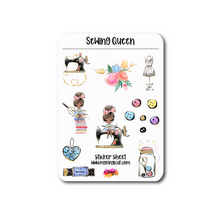 Load image into Gallery viewer, Sticker Sheet |  | Set of little planner stickers Sewing Queen Dark Skin 5 X 7