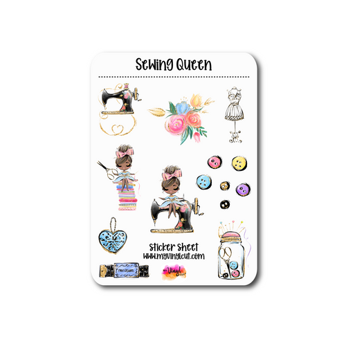 Sticker Sheet |  | Set of little planner stickers Sewing Queen Dark Skin 5 X 7