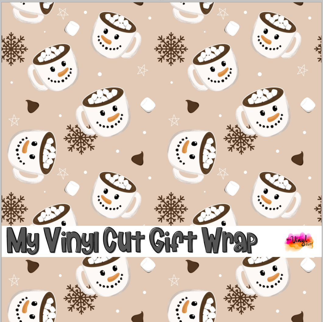 Christmas Gift Wrap Printed Wrapping Paper Snowman Mug Tan