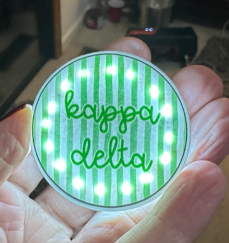 Sorority Light Up LED Game Day Pin Back Button Kappa Delta KD Green and White Stripes