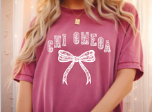 Load image into Gallery viewer, Comfort Colors Tee Chi Omega Lace Bow Available in S M L XL