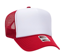 Load image into Gallery viewer, Alpha Omicron Pi Sorority White and Red Foam Front Mesh Back Trucker Hat