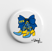 Load image into Gallery viewer, FFA Cowgirl Boots with Bow Blue and Yellow Pin Back Button