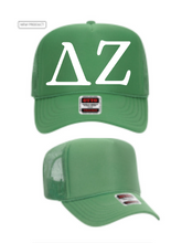 Load image into Gallery viewer, Cactus Green Foam Front Cactus Green Mesh Back Trucker Hat White Greek Letters Delta Zeta
