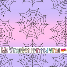 Load image into Gallery viewer, Printed Vinyl, HTV &amp; Waterslide Spider Webs on Purple Patterns 12 x 12 inch sheet