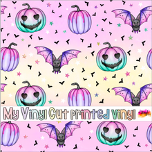 Load image into Gallery viewer, Printed Vinyl, HTV &amp; Waterslide Pastel Pumpkins and Bats Pattern 12 x 12 inch sheet