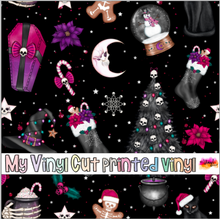 Load image into Gallery viewer, Printed Vinyl, HTV &amp; Waterslide Creepy Christmas Black Pattern 12 x 12 inch sheet
