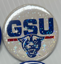Load image into Gallery viewer, Pin Back Button GSU Georgia State University College Blue Letters and Mascot on White with Red Line