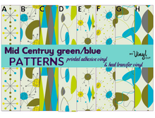 Load image into Gallery viewer, Printed Adhesive Vinyl Green and Blue MID CENTURY RETRO Patterns 12 x 12 inch sheet