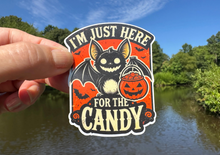 Load image into Gallery viewer, Sticker | 50G | Just Here for the Candy | Waterproof Vinyl Sticker | White | Clear | Permanent | Removable | Window Cling | Glitter | Holographic