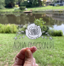 Load image into Gallery viewer, Sticker | Alpha Omicron Pi | AOP J | Clear Sticker Black and White Rose | Waterproof Vinyl Sticker | Permanent