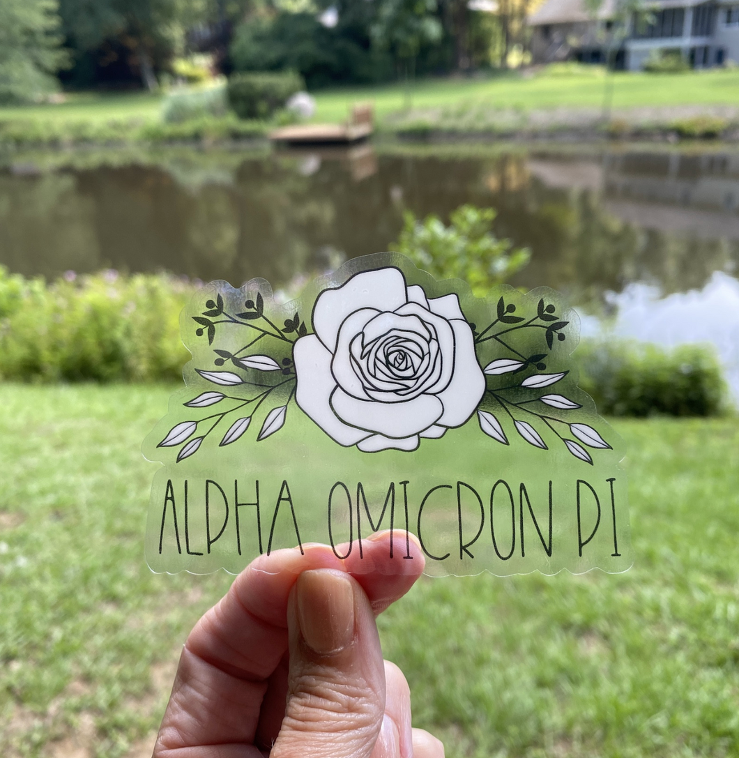 Sticker | Alpha Omicron Pi | AOP J | Clear Sticker Black and White Rose | Waterproof Vinyl Sticker | Permanent