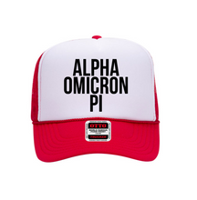 Load image into Gallery viewer, Alpha Omicron Pi Sorority White and Red Foam Front Mesh Back Trucker Hat