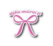 Load image into Gallery viewer, Sticker | AOP | Alpha Omicron PI Pink Bow | Waterproof Vinyl Sticker | White | Clear | Permanent | Removable | Window Cling | Glitter | Holographic