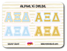 Load image into Gallery viewer, Sticker Sheet | Alpha Xi Delta | Set of 3 inch Sorority Greek Letters stickers 6 X 8