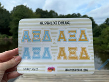 Load image into Gallery viewer, Sticker Sheet | Alpha Xi Delta | Set of 3 inch Sorority Greek Letters stickers 6 X 8