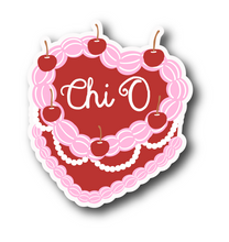 Load image into Gallery viewer, Sticker | ChiO_C | Chi Omega Heart Shaped Cake | Waterproof Vinyl Sticker | White | Clear | Permanent | Removable | Window Cling | Glitter | Holographic
