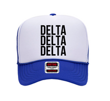 Load image into Gallery viewer, Delta Delta Delta Sorority White and Royal Blue Foam Front Mesh Back Trucker Hat