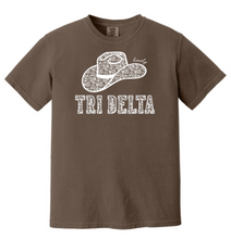 Load image into Gallery viewer, Comfort Colors Brown T Shirt Delta Delta Delta Lace Hat Available in S M L XL