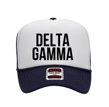 Load image into Gallery viewer, Delta Gamma Sorority White and Navy Blue Foam Front Mesh Back Trucker Hat