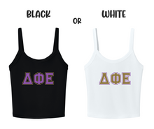 Load image into Gallery viewer, Crop Top Tank Delta Phi Epsilon Greek Letters Available in Black or White