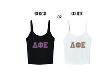 Load image into Gallery viewer, Crop Top Tank Delta Phi Epsilon Greek Letters Available in Black or White