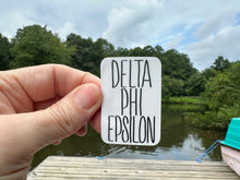 Load image into Gallery viewer, Sorority Sticker | Delta Phi Epsilon | DPE_J | Tall Skinny Stack Lettering | Waterproof Vinyl Sticker | Permanent (Copy)