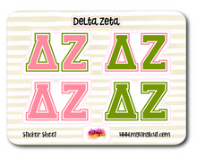Load image into Gallery viewer, Sticker Sheet | Delta Zeta | Set of 3 inch Sorority Greek Letters stickers 6 X 8