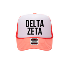 Load image into Gallery viewer, Delta Zeta Sorority Coral and White Foam Front Mesh Back Trucker Hat
