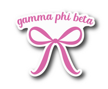 Load image into Gallery viewer, Sticker | GPhiB | Gamma Phi Beta Pink Bow | Waterproof Vinyl Sticker | White | Clear | Permanent | Removable | Window Cling | Glitter | Holographic
