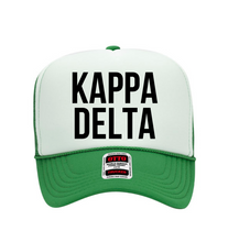 Load image into Gallery viewer, Kappa Delta Sorority White and Kelly Green Foam Front Mesh Back Trucker Hat
