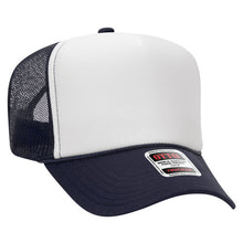 Load image into Gallery viewer, Delta Gamma Sorority White and Navy Blue Foam Front Mesh Back Trucker Hat