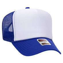 Load image into Gallery viewer, Delta Delta Delta Sorority White and Royal Blue Foam Front Mesh Back Trucker Hat