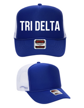 Load image into Gallery viewer, Delta Delta Delta Sorority Royal Blue Foam Front Mesh Back Trucker Hat