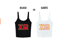 Load image into Gallery viewer, Crop Top Tank Chi Omega Greek Letters Available in Black or White