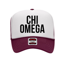 Load image into Gallery viewer, Chi Omega Sorority White and Maroon Foam Front Mesh Back Trucker Hat
