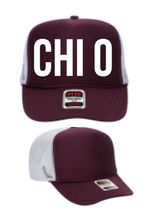 Load image into Gallery viewer, Chi Omega Sorority Maroon Foam Front Mesh Back Trucker Hat