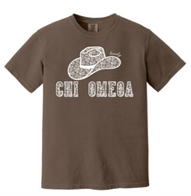 Load image into Gallery viewer, Comfort Colors Brown T Shirt Chi Omega Lace Hat Available in S M L XL