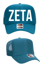 Load image into Gallery viewer, Zeta Tau Alpha Sorority Turquoise Foam Front Mesh Back Trucker Hat