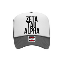 Load image into Gallery viewer, Zeta Tau Alpha Sorority White and Gray Foam Front Mesh Back Trucker Hat