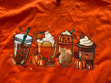 Load image into Gallery viewer, Orange 100% Cotton T Shirt for Fall with Pumpkin Spice Coffee Drinks Designs